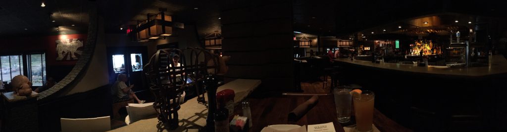 A panorama from my POV. I was seated next to the iron cage pig.